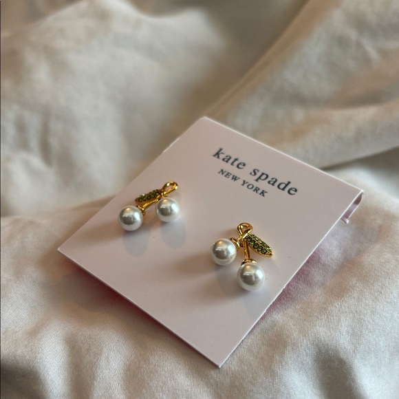 Kate Spade New York Gold cherry Pearl green gem leaf Drop stud Earrings - Picture 6 of 7
